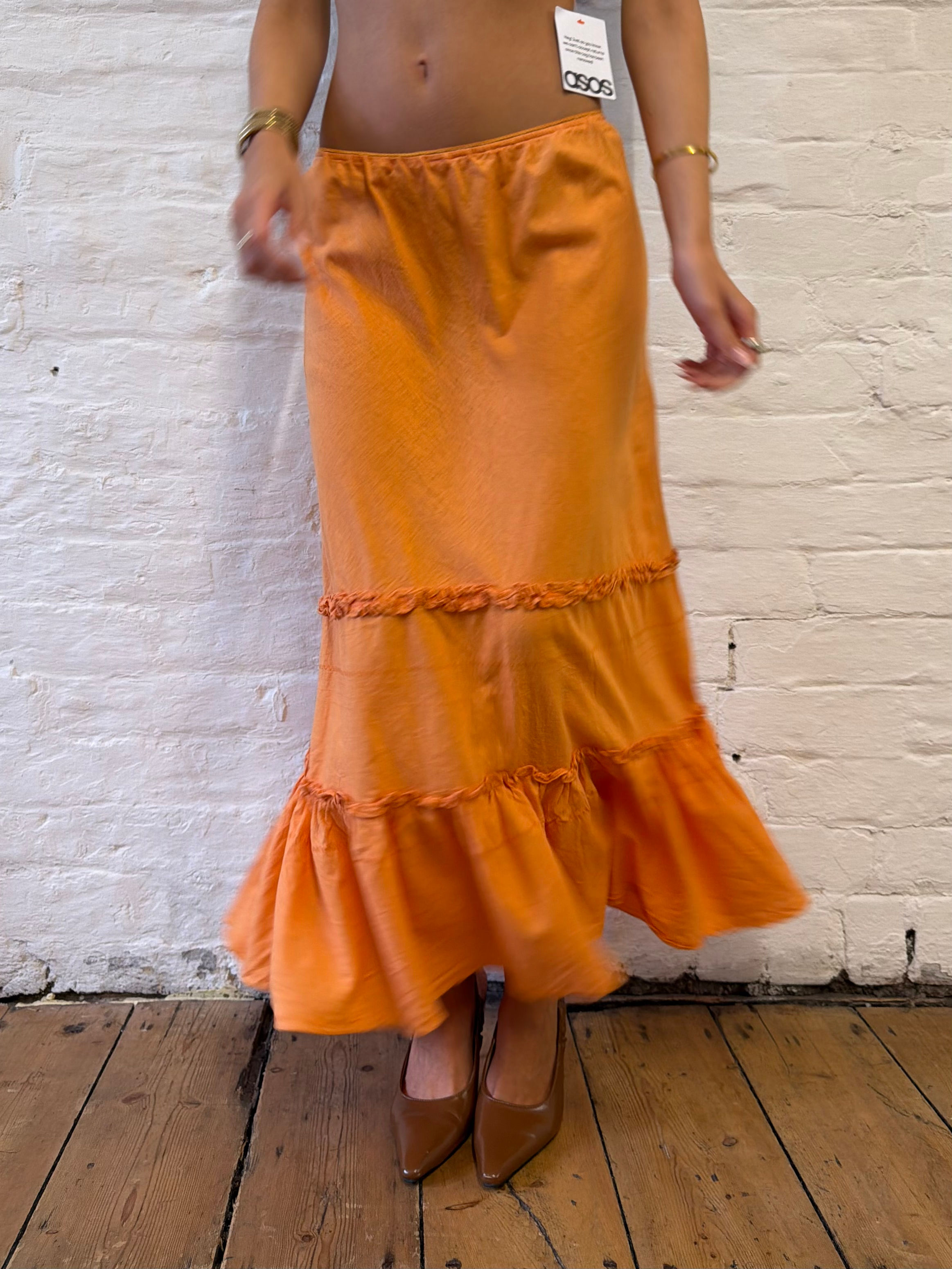 Vintage Cato Orange Linen Blend Tiered Low Rise Maxi Skirt UK 8