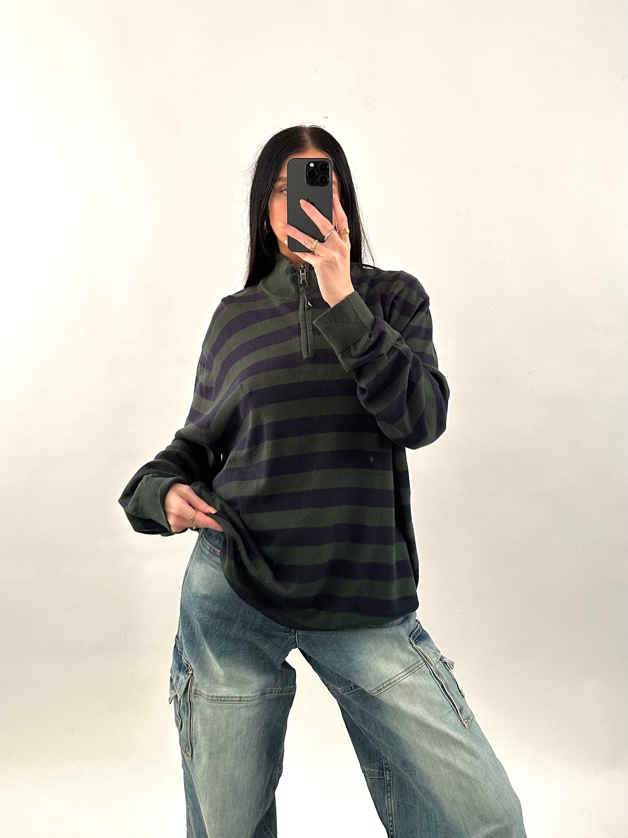 Unisex Nautica Green & Navy Striped Quarter Zip Funnel Neck Jumper