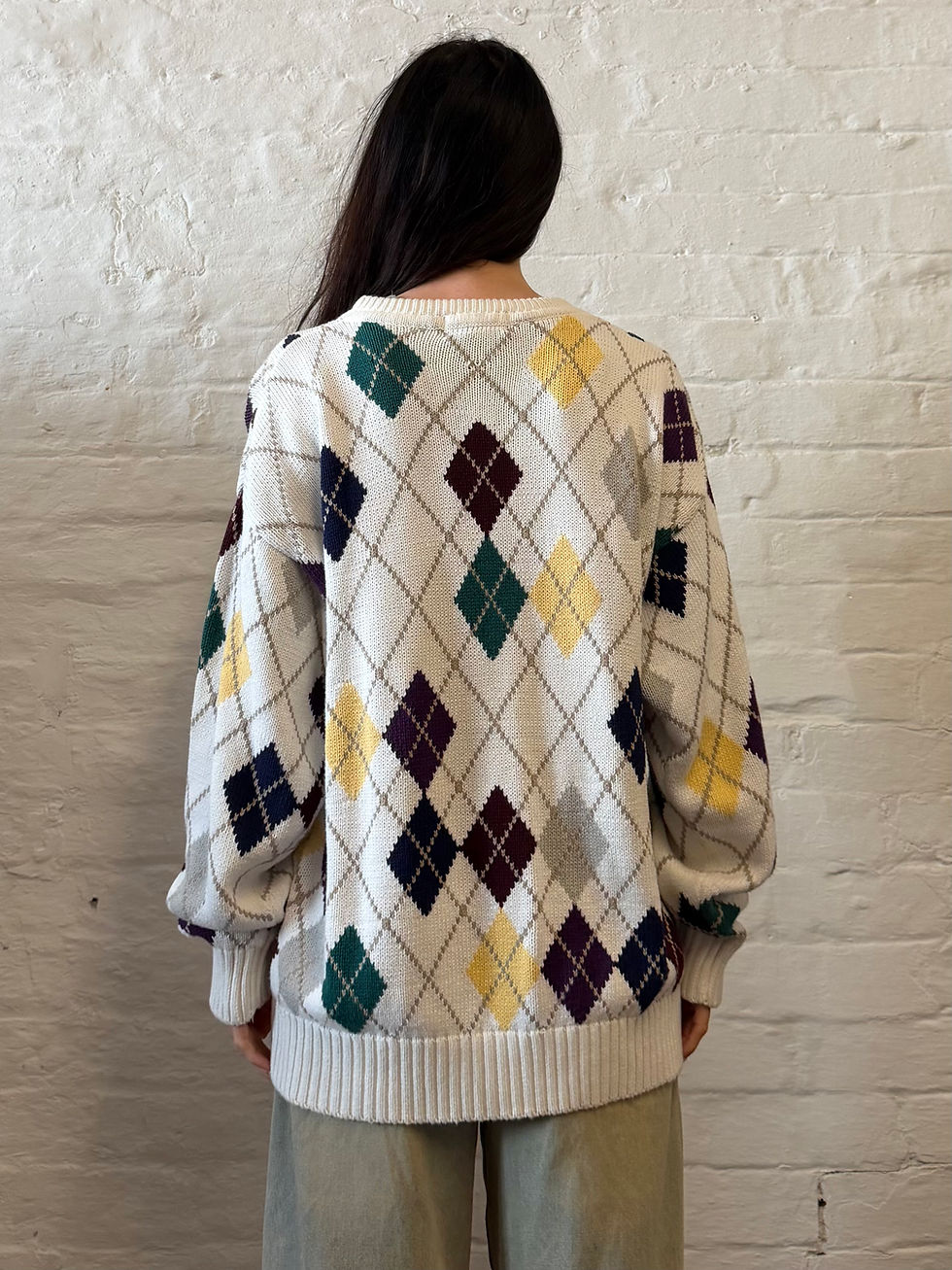 Miniatyrbild: Vintage 90s GANT Argyle Cotton Knit Jumper Cream Preppy Large