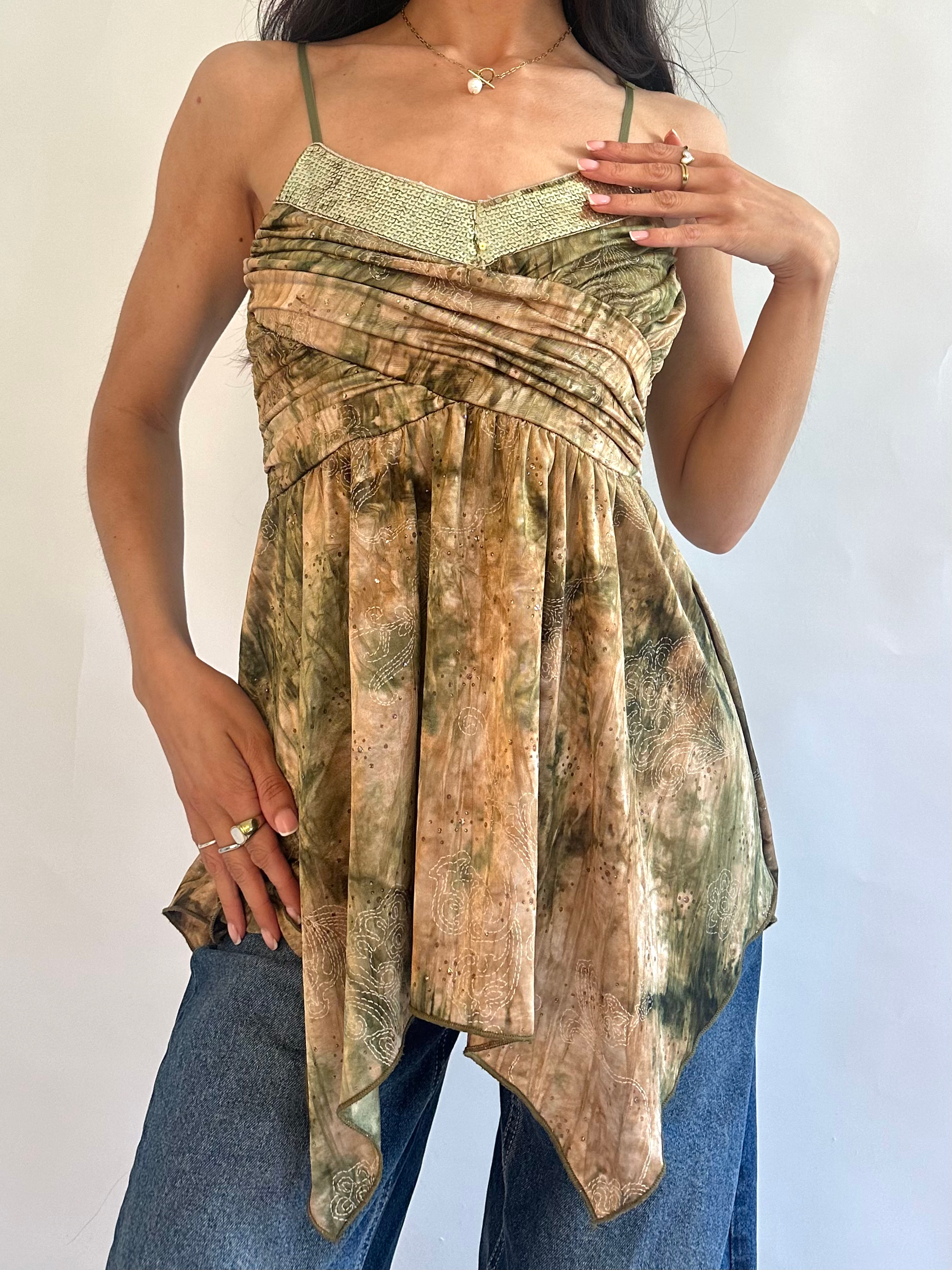 Vol.1 Couture 00s Asymmetrical Tie Dye Sequin Cami Top