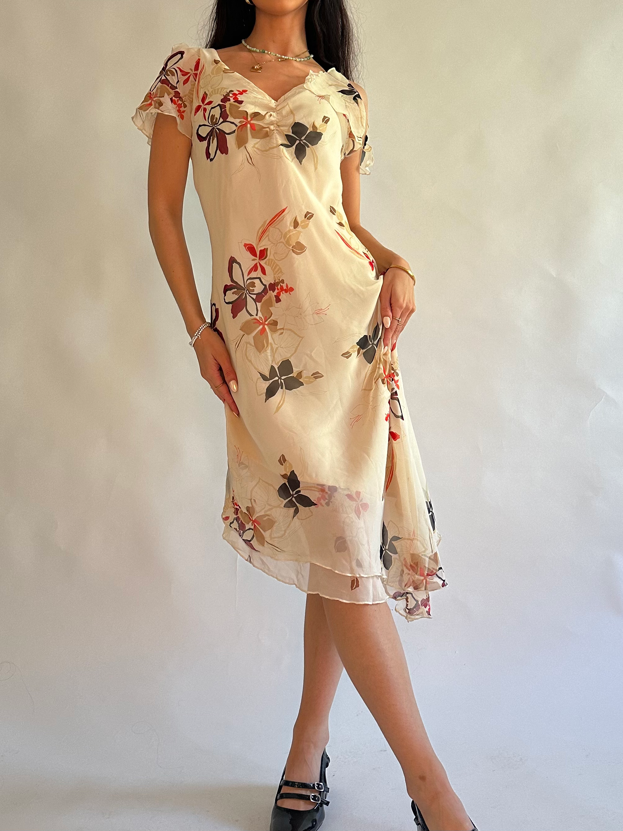 00s F.L.P. Cream Floral Mesh Flowy Asymmetrical Hem Midi Dress