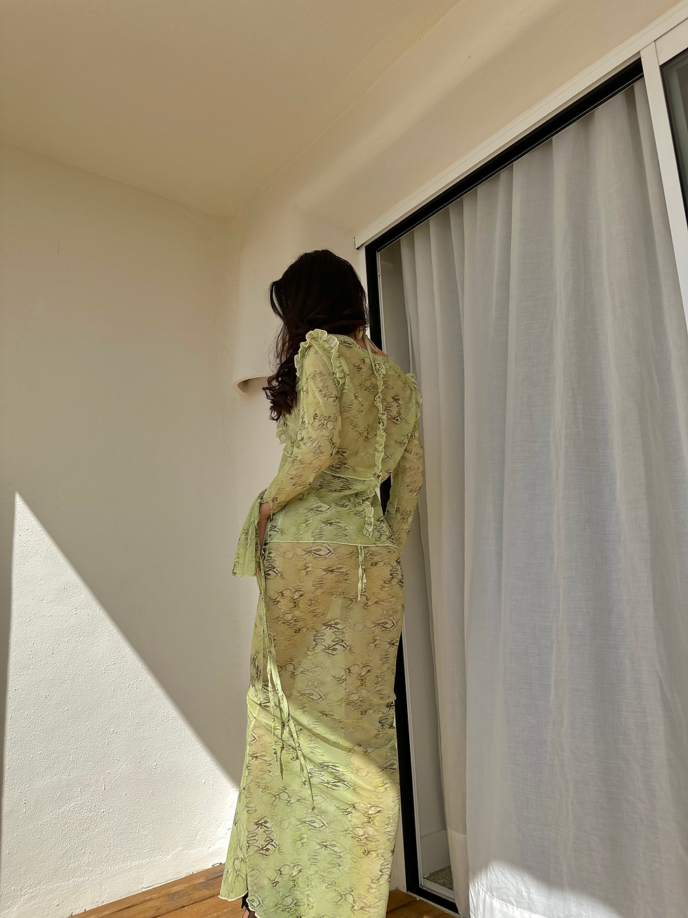 ภาพขนาดย่อ: Green Snakeskin Print Mesh Boho Beach Cover Up Co-Ord