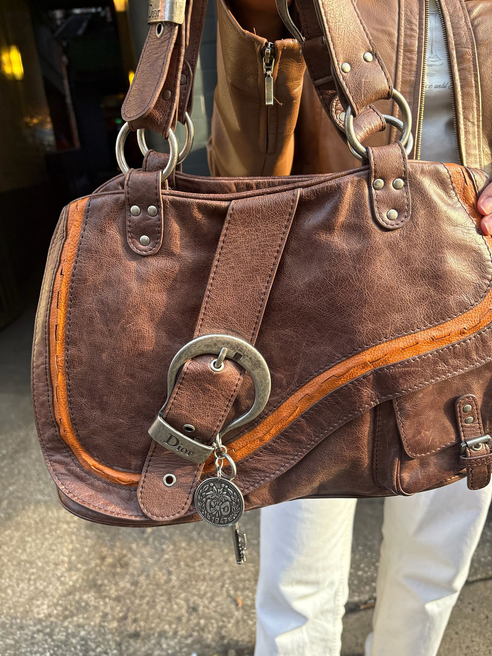 Miniatura: Christian Dior Gaucho Brown Leather Satchel Double Saddle Bag 