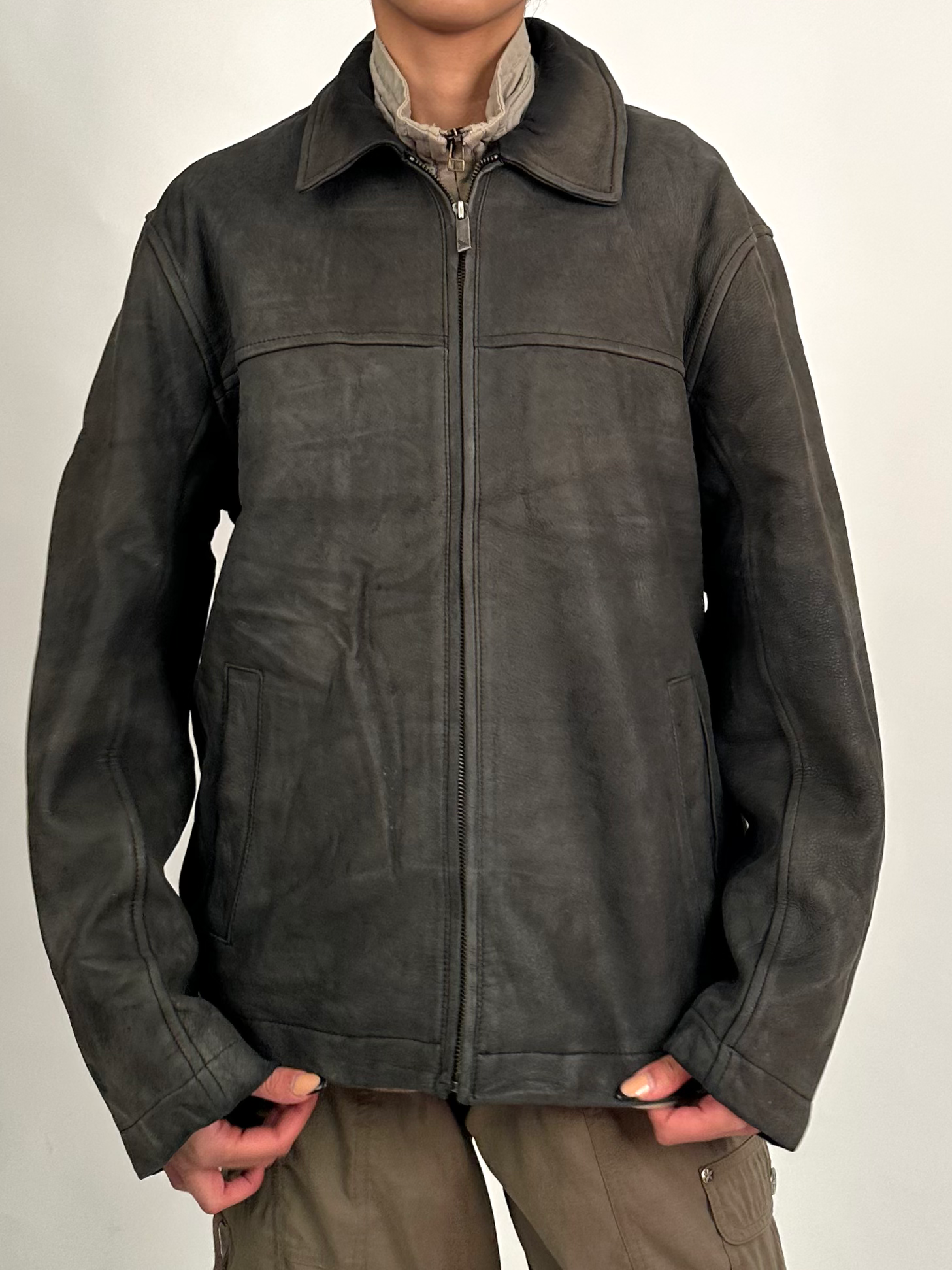 Eddie Bauer Washed Black Grey Worn Look Genuine Leather Jacket