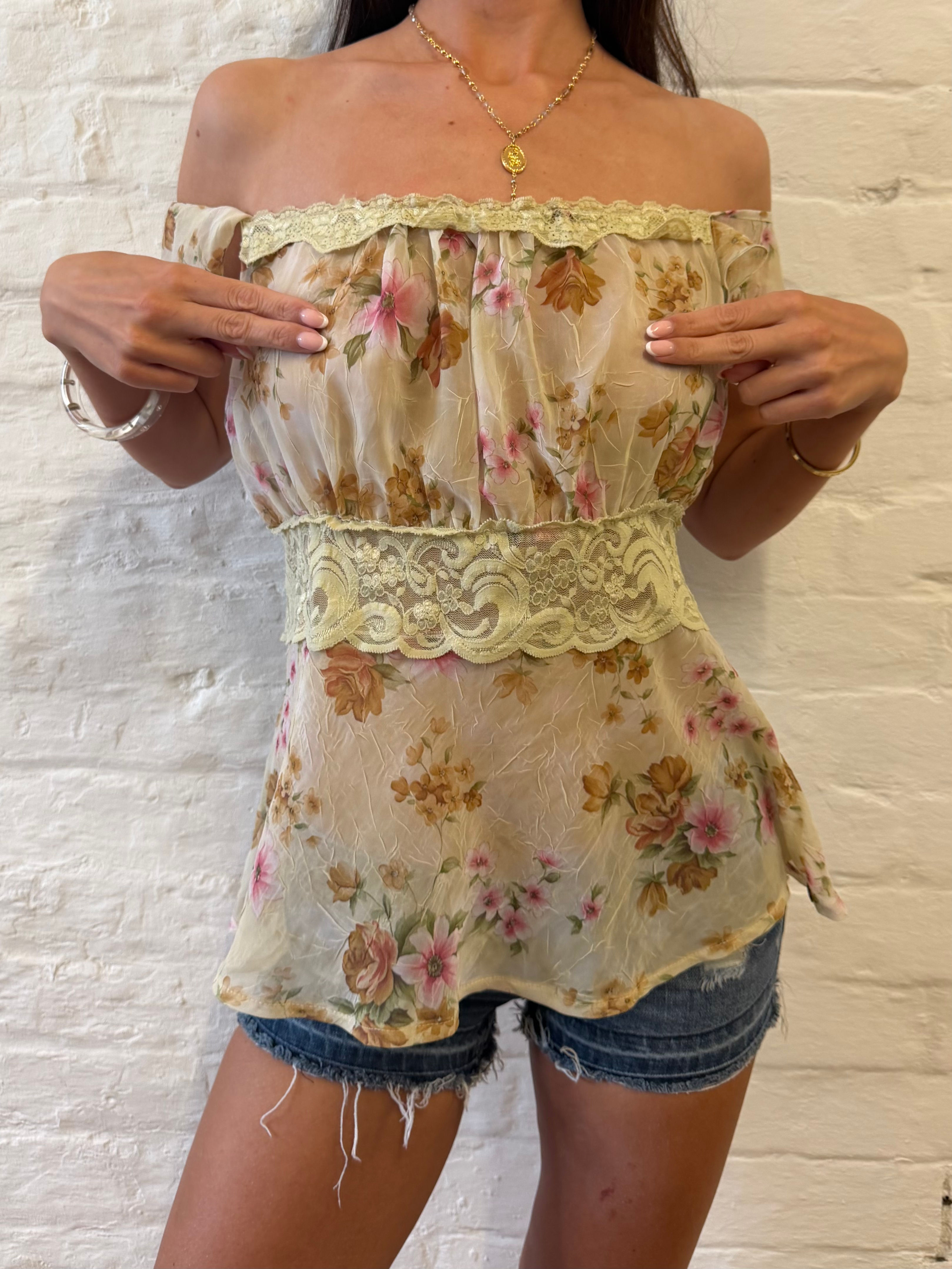 Vintage Y2K Cream Floral Lace Bardot Mesh Boho Top UK 12