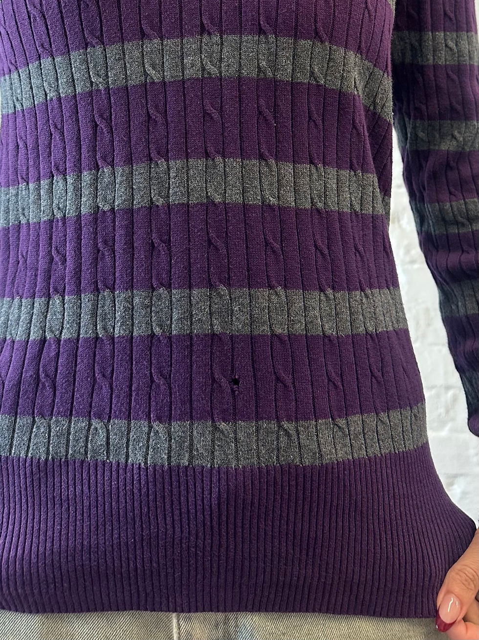 Thumbnail: Tommy Hilfiger Purple & Grey Striped V Neck Cable Knit Jumper Sweater