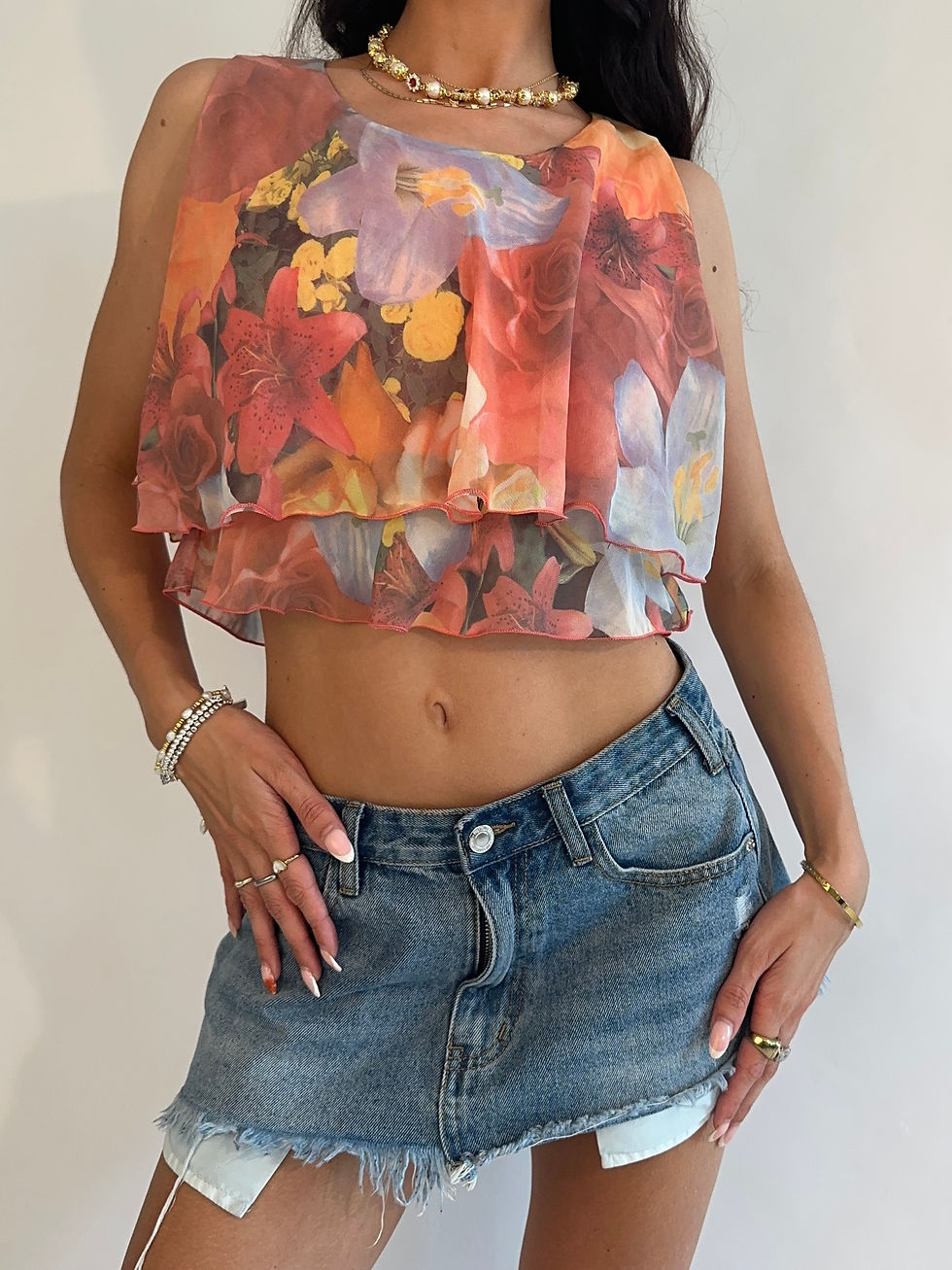 縮圖：00s Emozioni Floral Multi Coloured Sheer Flowy Crop Top
