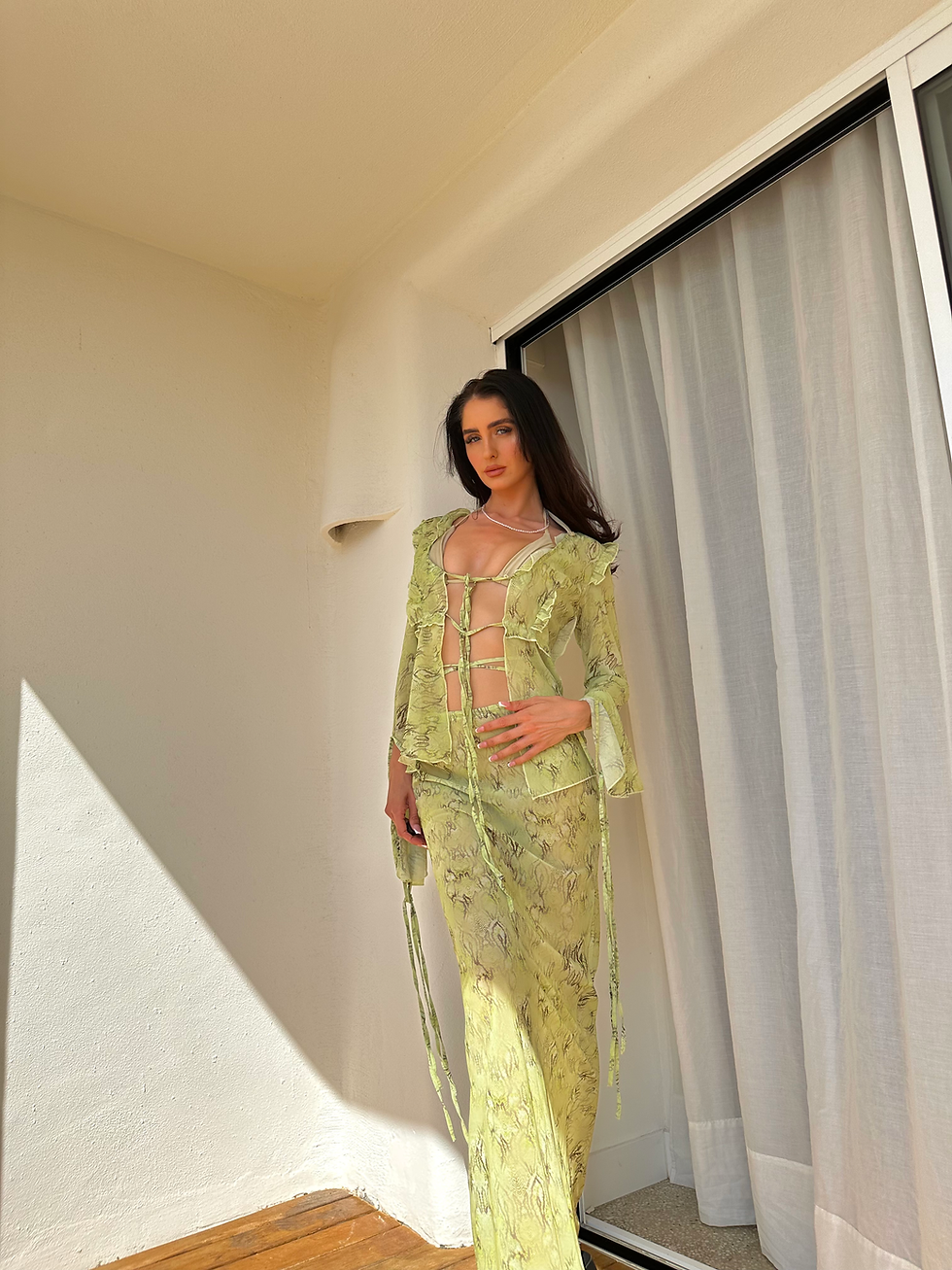 Miniaturbild: Green Snakeskin Print Mesh Boho Beach Cover Up Co-Ord