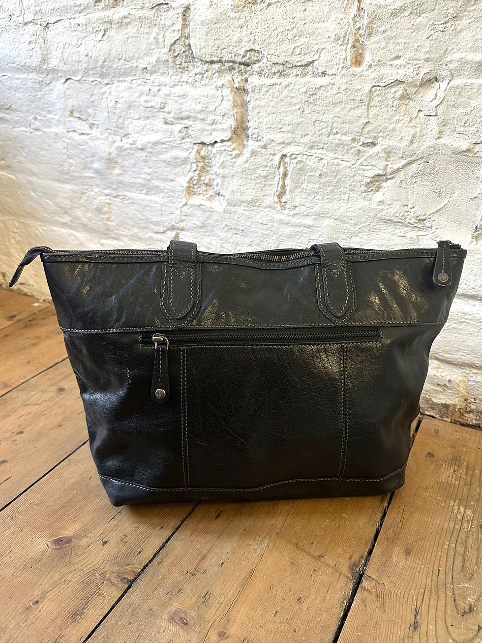 Miniatura: Rugged Hide Black Stitch Detail Genuine Leather Tote Shoulder Bag