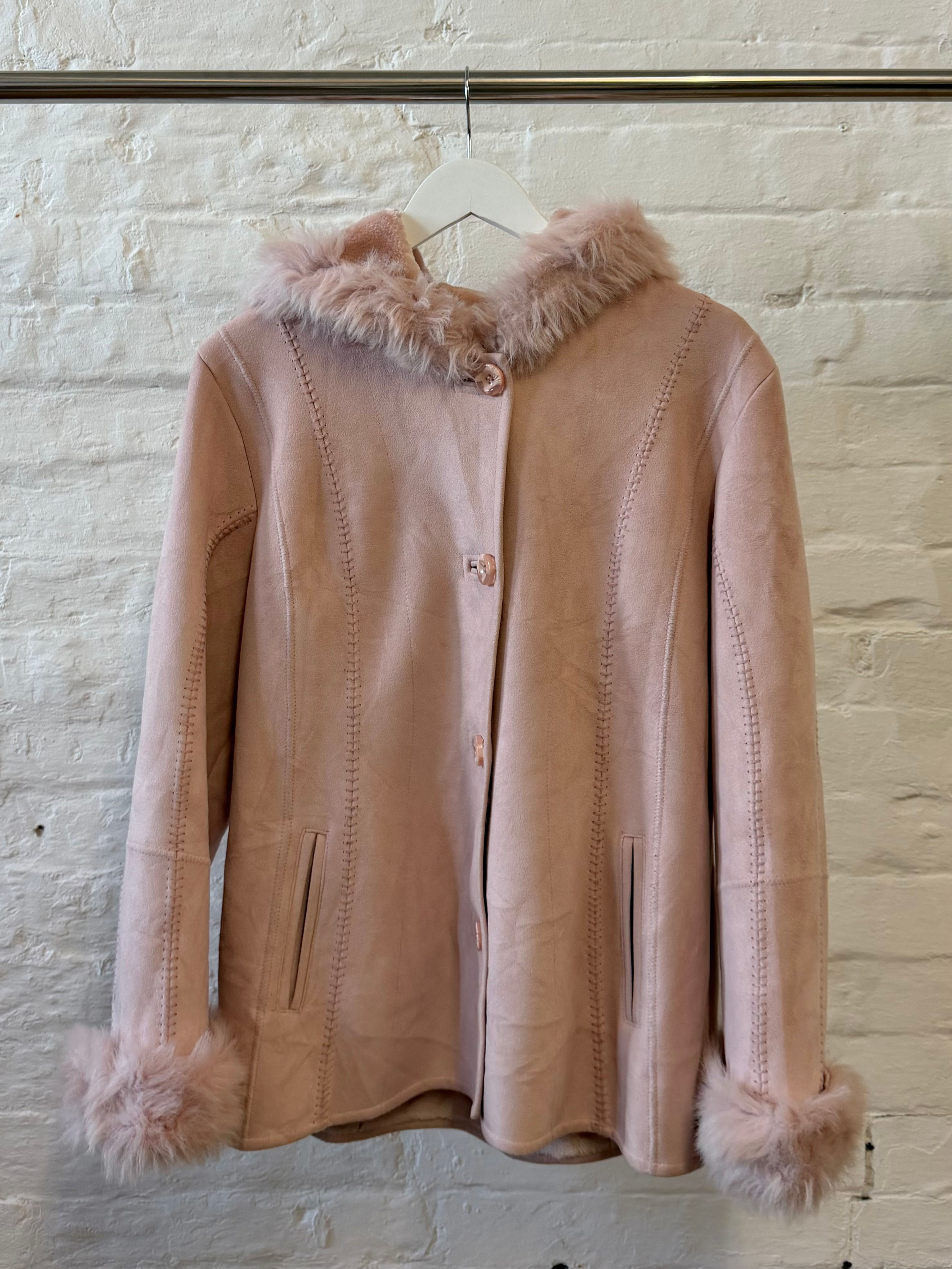 Vintage Jessica Light Pink Faux Suede Afghan Coat with Faux Fur Hood – M