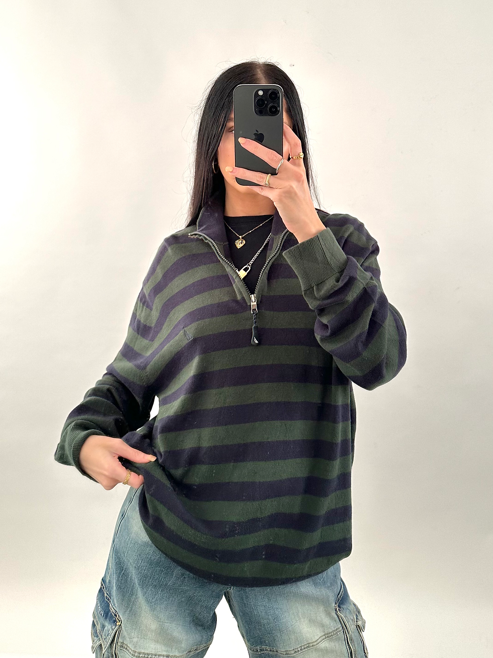 ภาพขนาดย่อ: Unisex Nautica Green & Navy Striped Quarter Zip Funnel Neck Jumper