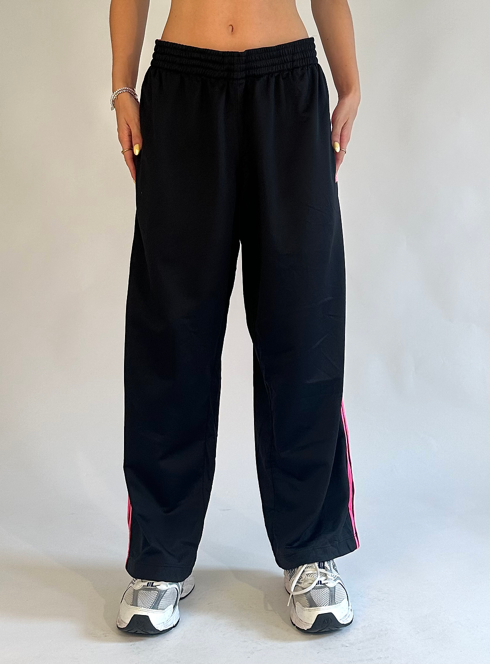 Thumbnail: Adidas Black & Pink 3 Stripe Loose Baggy Joggers