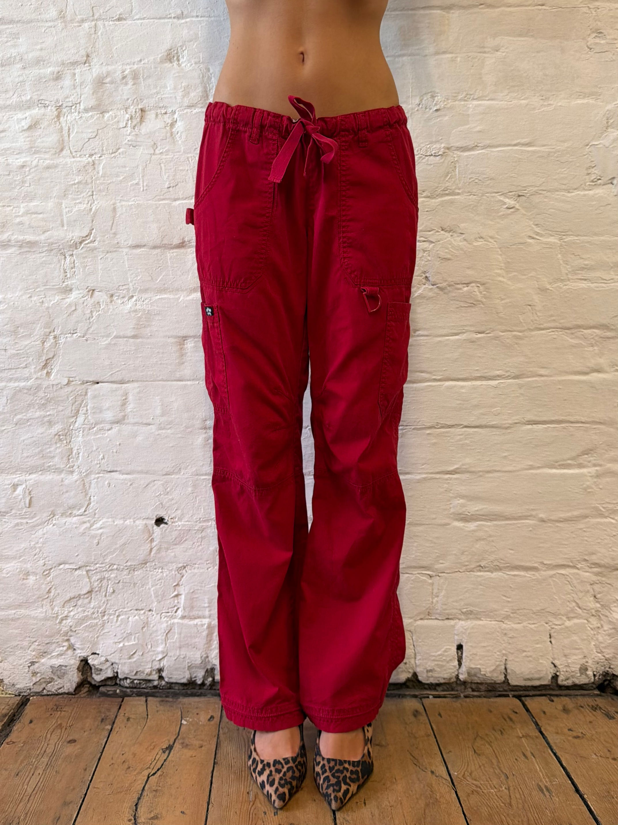 Vintage Koi Red Y2K Low Rise Cargo Trousers | 00s Utility Streetwear
