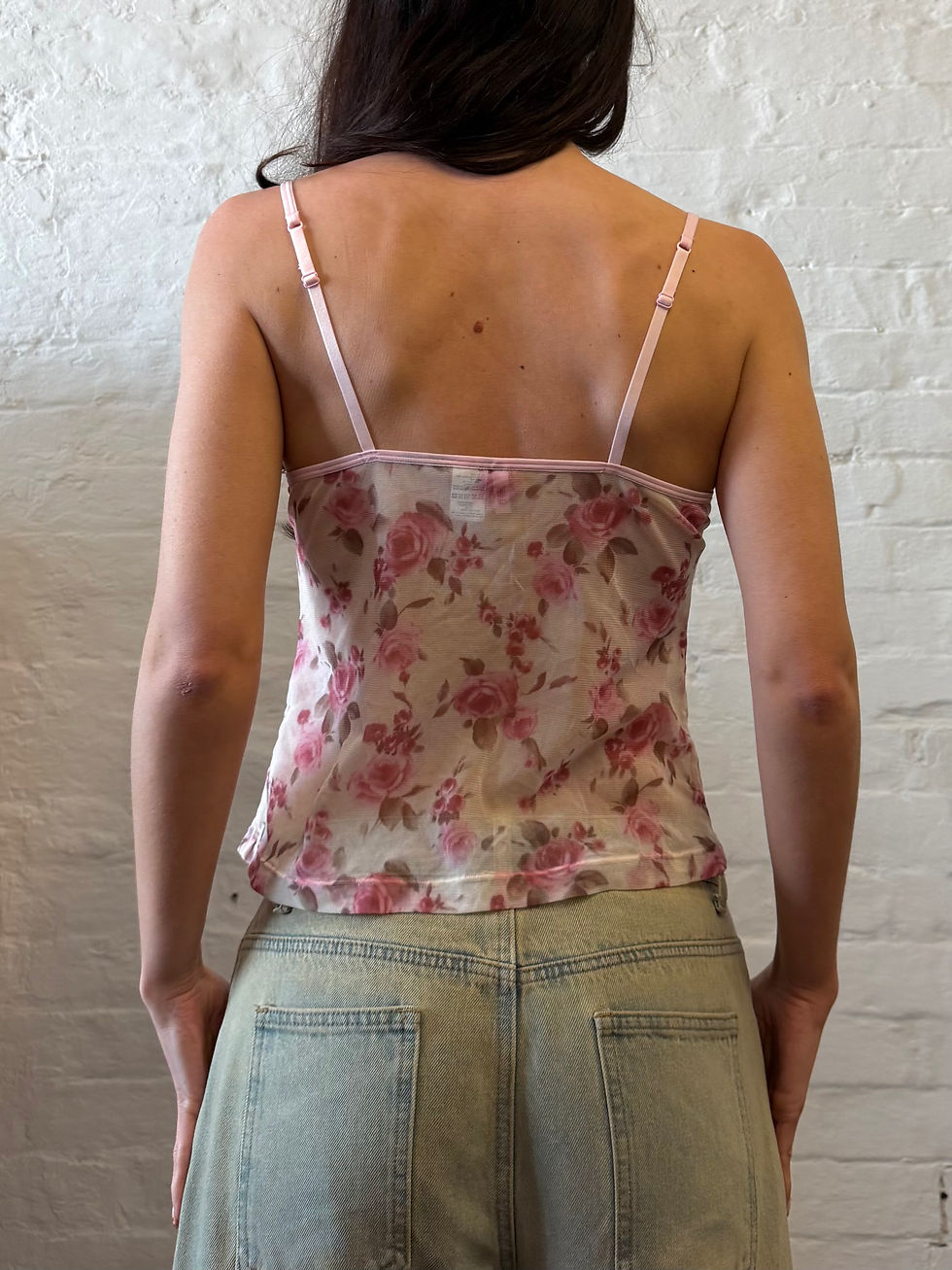 Miniatura: Vintage Y2K Pink Floral Mesh Cami Top Rose Print UK 14/16