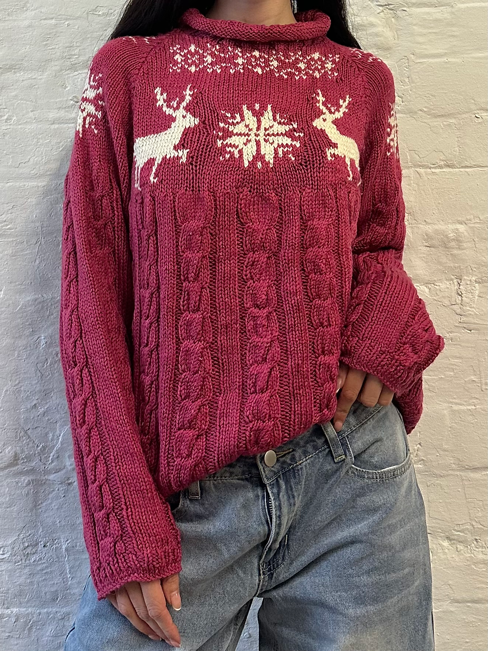 Miniatyrbild: 90s Pink & White Cable Knit Reindeer & Snowflake Pattern Christmas Jumper