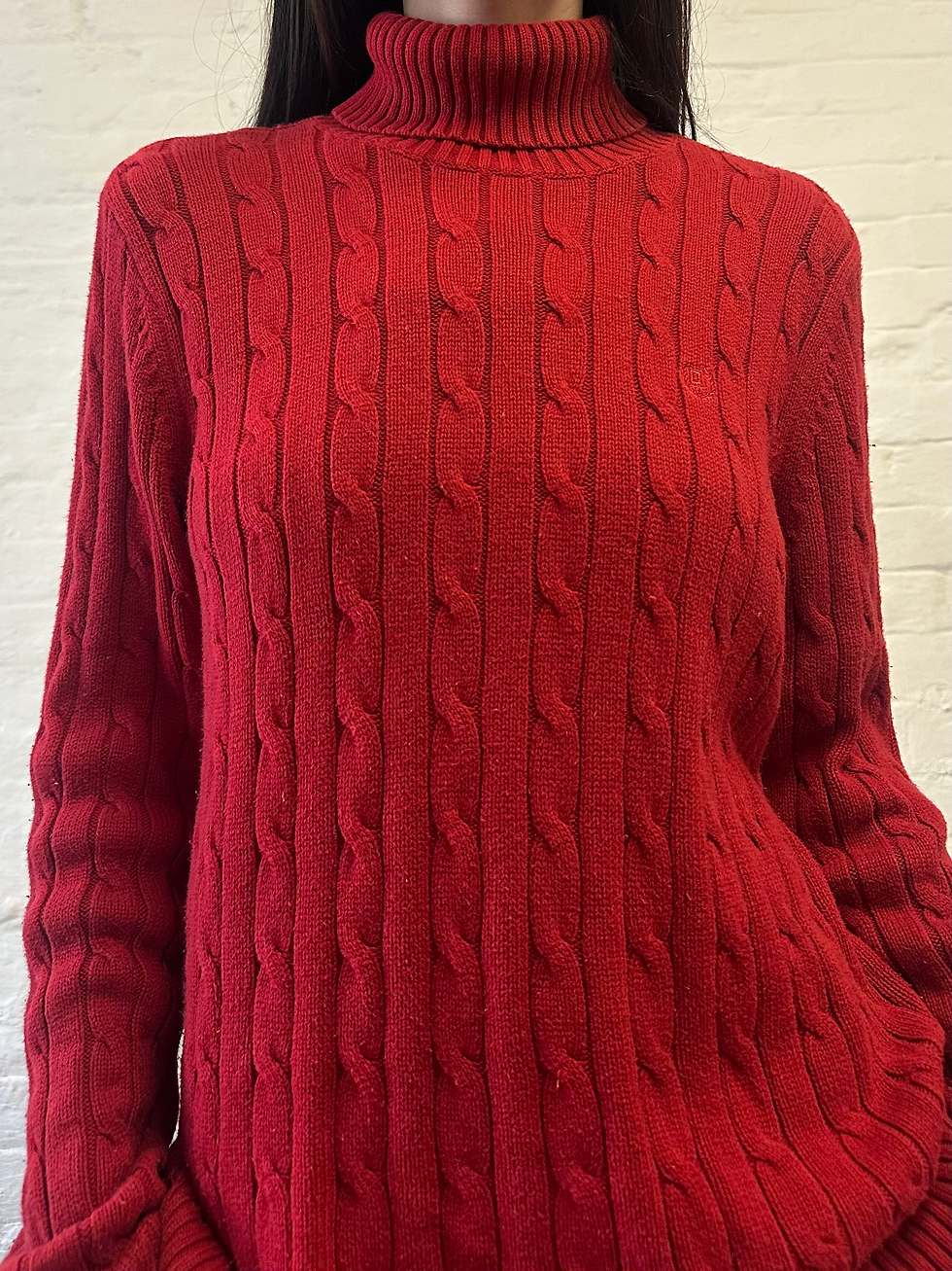 ภาพขนาดย่อ: 90s Chaps Embroidered Logo Red Cable Knit Turtleneck Jumper Sweater