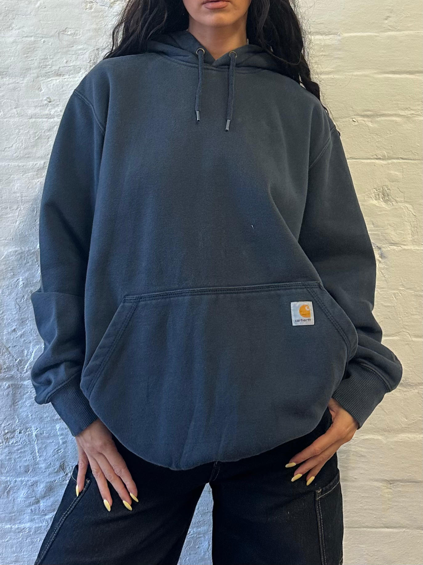 90s Carhartt Plain Navy/Grey Drawstring Hoodie with Patch Logo & Front Pocket
