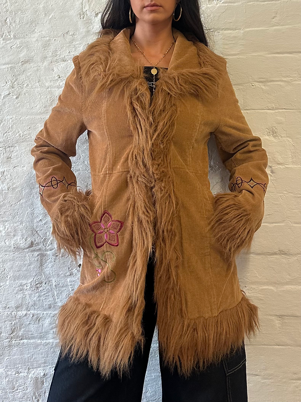 Thumbnail: Traffic 70s Brown Tan Corduroy Floral Embroidered Faux Fur Afghan Coat Jacket