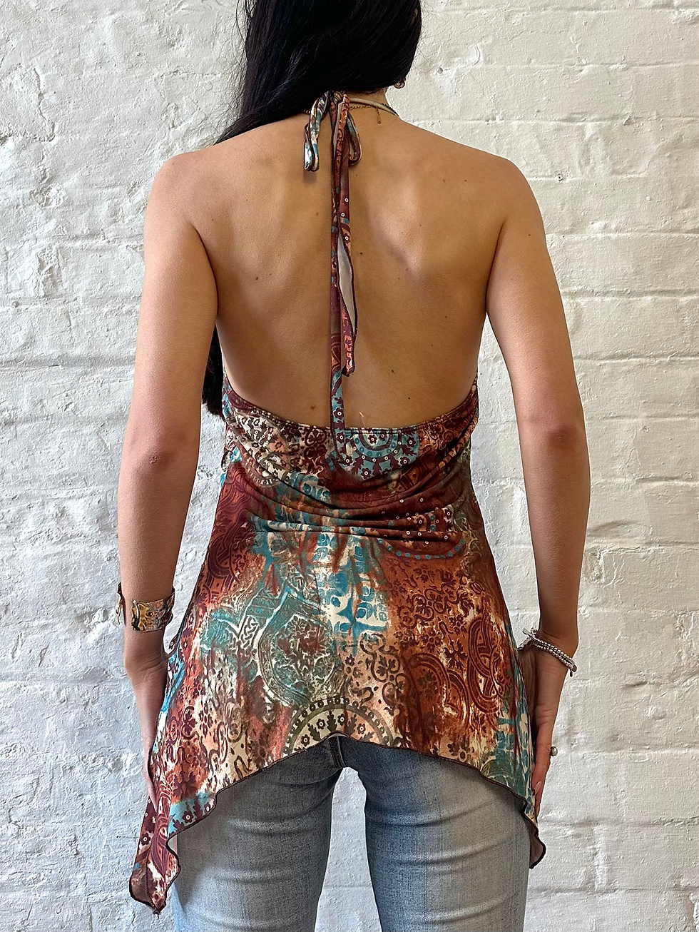 Miniatura: Can’t Miss y2k 00s Brown & Blue Boho Print Asymmetrical O Ring Halter Neck Top