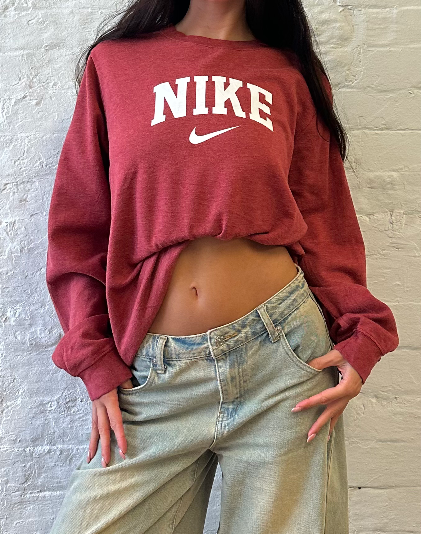 90s Nike Spell Out Logo & Swoosh Red Crewneck Sweatshirt