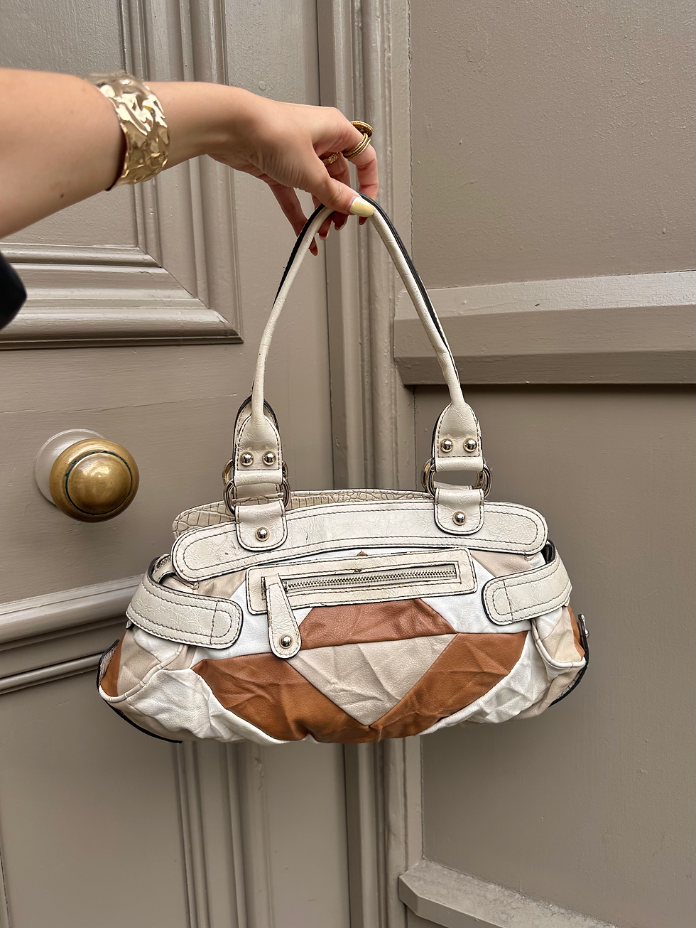 Thumbnail: 00s Rare GUESS Tan, Beige & White Stud Detail Patchwork Leather Shoulder Bag