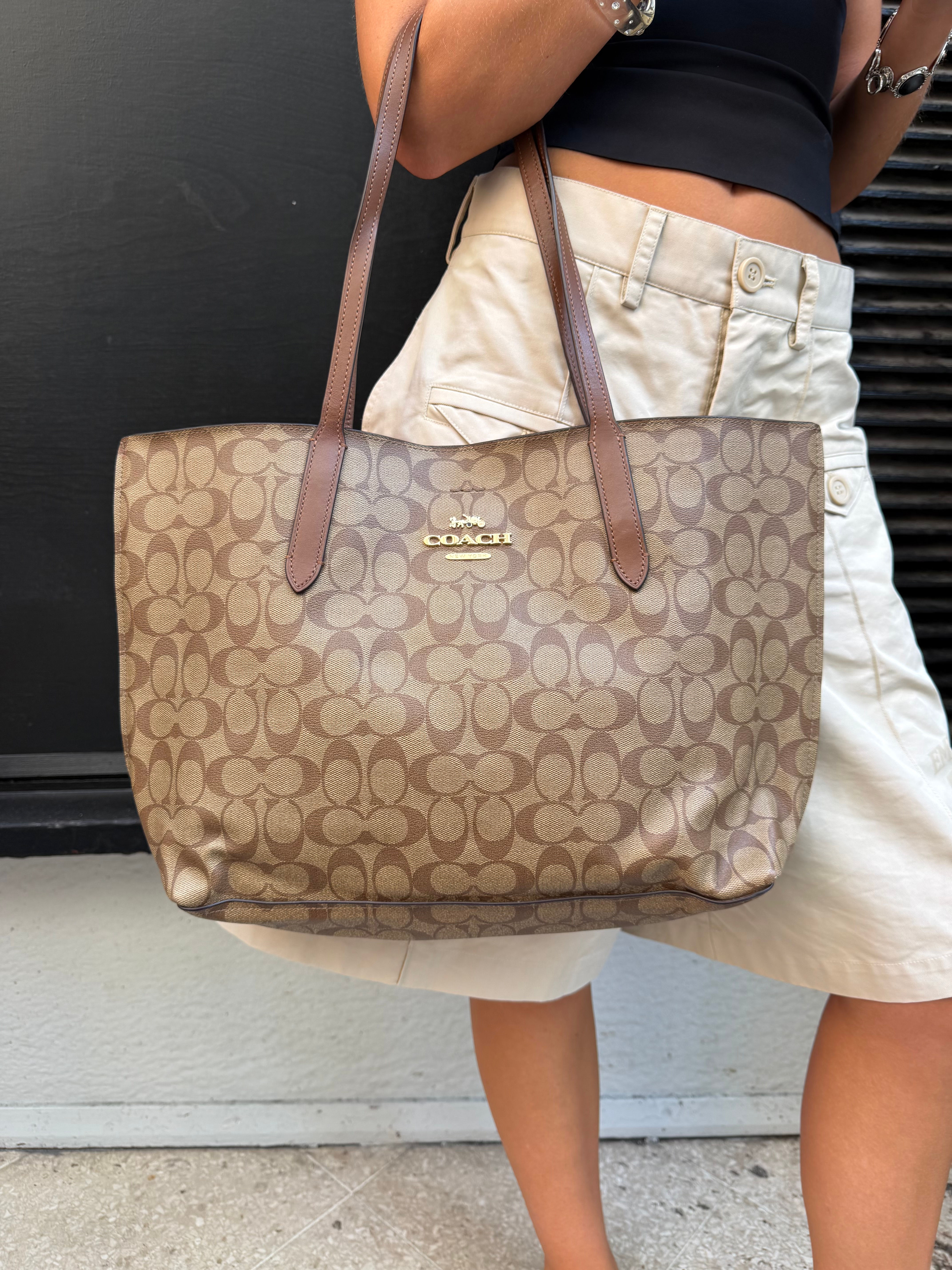 Vintage Coach Signature Monogram Brown Leather City Tote Shoulder Bag