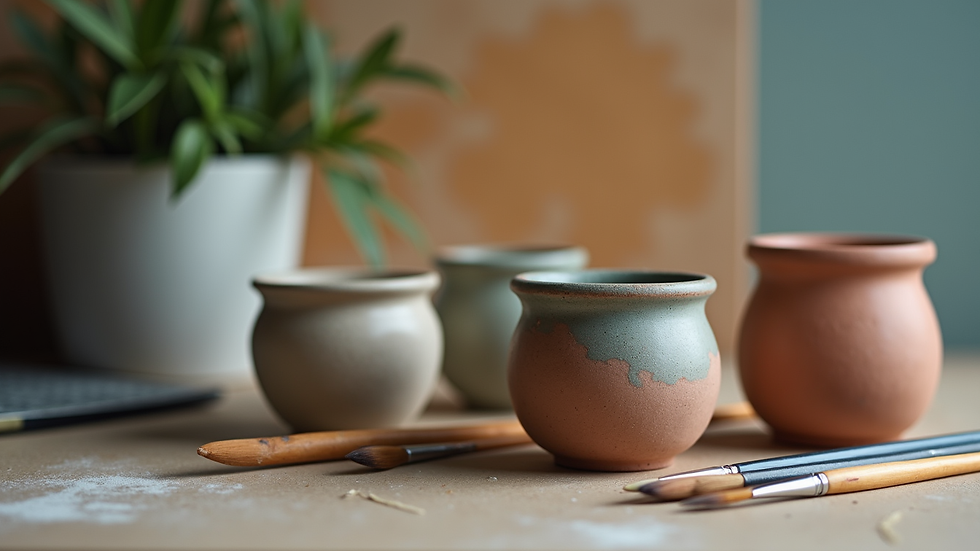 Close-up view of ceramic paint pots and brushes on a table