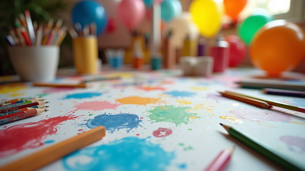 High angle view of a colourful birthday party table with art supplies and decorations