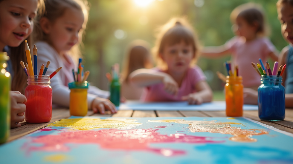 Eye-level view of a colorful painting setup for kids' party