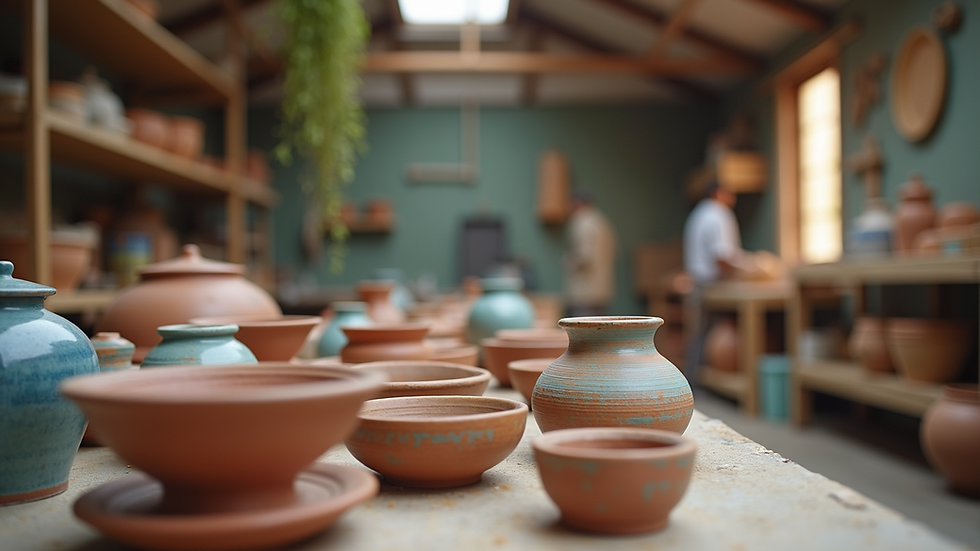 Eye-level view of a colorful ceramics studio with various pottery pieces