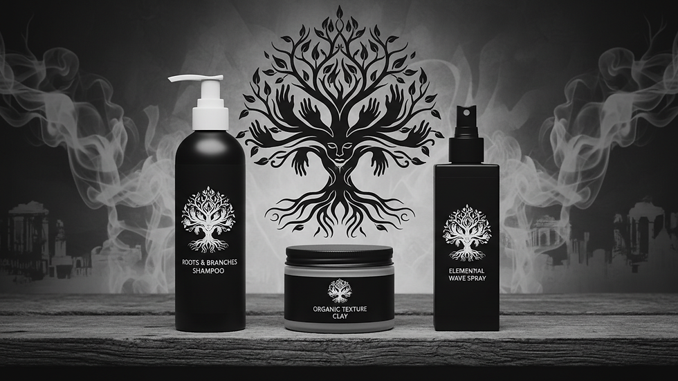 Close-up view of hair styling products on a wooden shelf