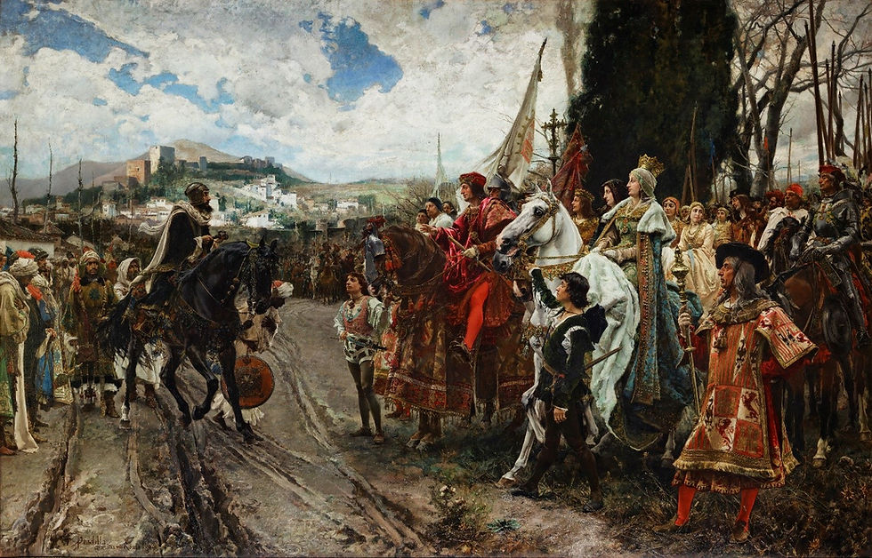 F. Pradilla, The Capitulation of Granada, 1882. The painting shows Muhammad XII of Granada surrendering to Ferdinand II of Aragon and Isabella I of Castille.