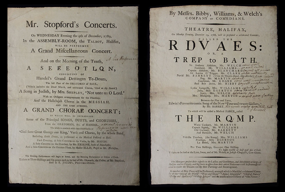Messrs Bibby, Williams, & Welch's Company of Comedians... On Monday Evening, December 29, 1788, will be presented a celebrated Comedy, called The Rivals: or, a Trip to Bath... Between Play and Farce, Edwin's Favourite comic Song of the New "Four and twentry fidlers", by Mr Barret. To which will be added a musical Frace, called The Romp. Special Collections - Theatre Playbills, ©Chapter of York: Reproduced with permission.