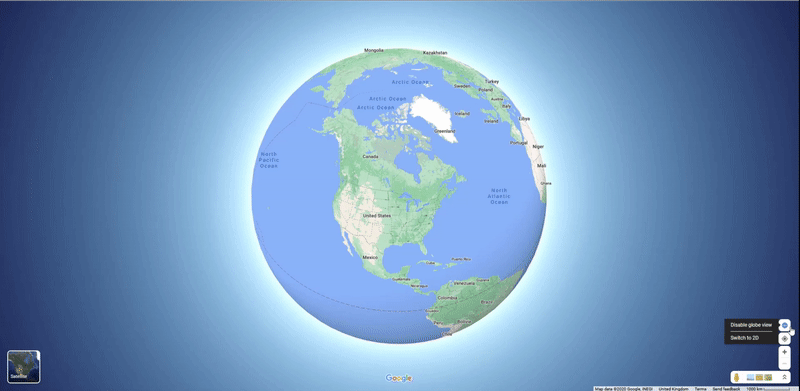 Figure 2: Animated GIF demonstrating the spatial distortions that occur when applying the ‘globe’ view vs. Mercator projection on Google Maps.  Google Maps, (Map data 2020, Google). Retrieved 9 October 2020.