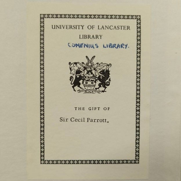 The frontispiece of a pamphlet, with a dedication from Sir Cecil Parrott
