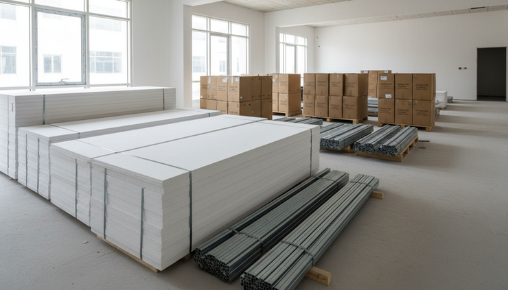 Wide-angle view of stacked gypsum boards and metal studs in an unfinished unit.