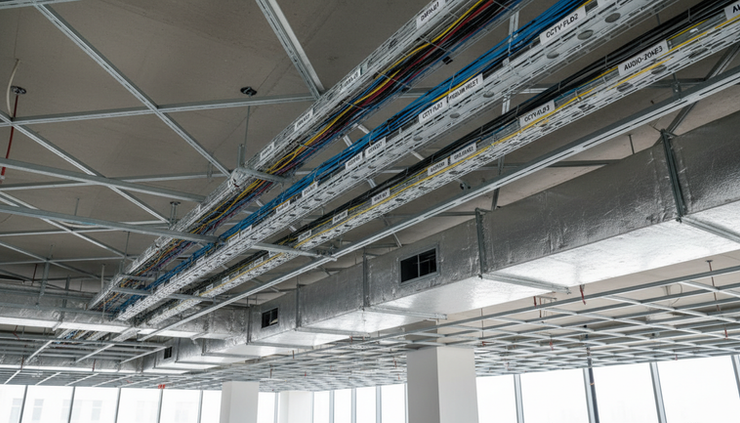Close-up view of cable trays and labelled wires above a ceiling grid.
