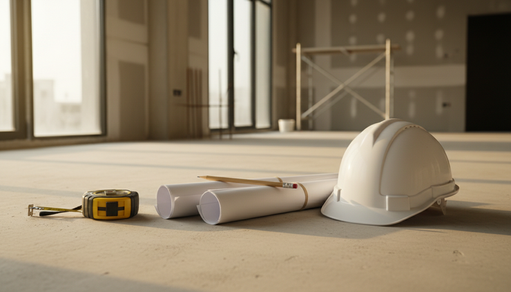 Close-up view of rolled fit-out drawings on a concrete floor.