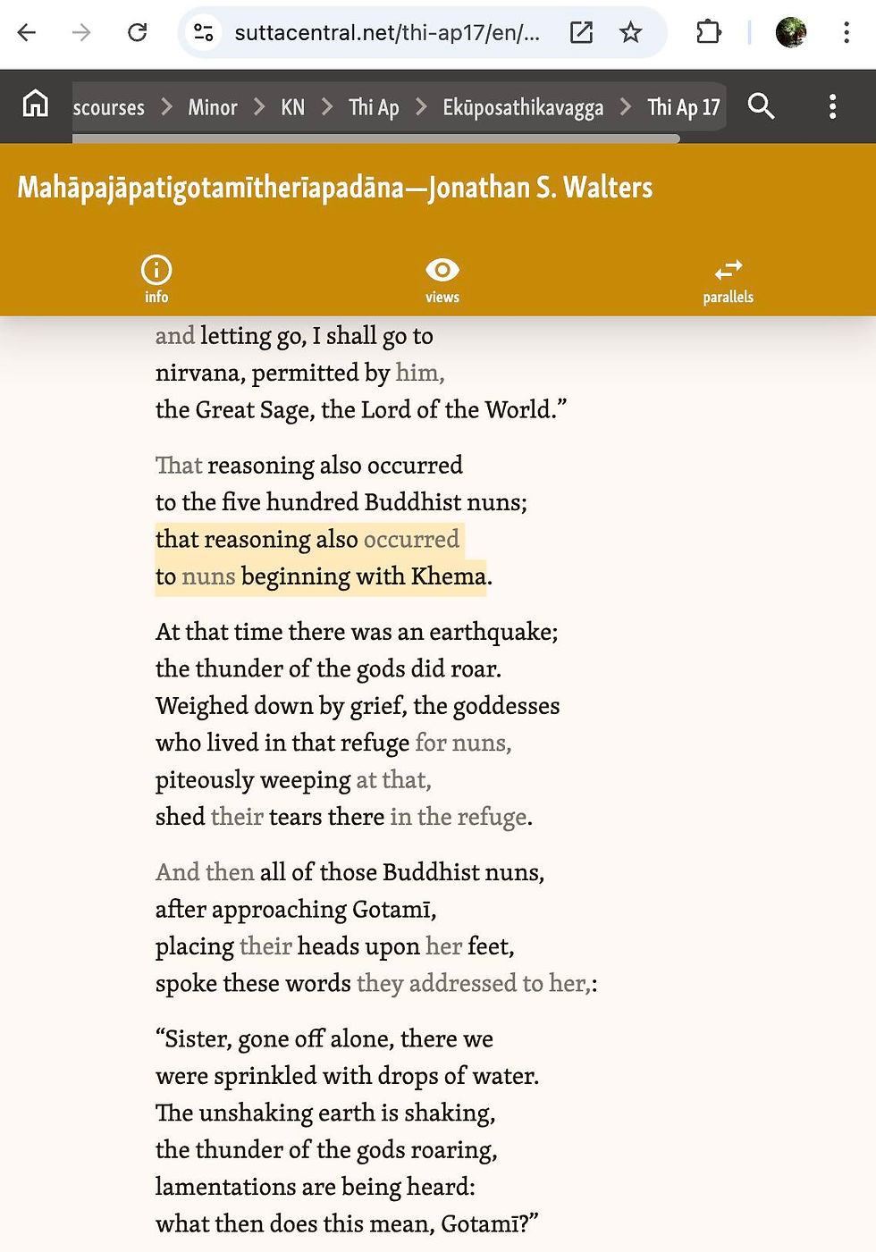 Mahāpajāpatigotamītherīapadāna—English translation by Jonathan S. Walters on Sutta Central with Khemā highlighted. Also found here.