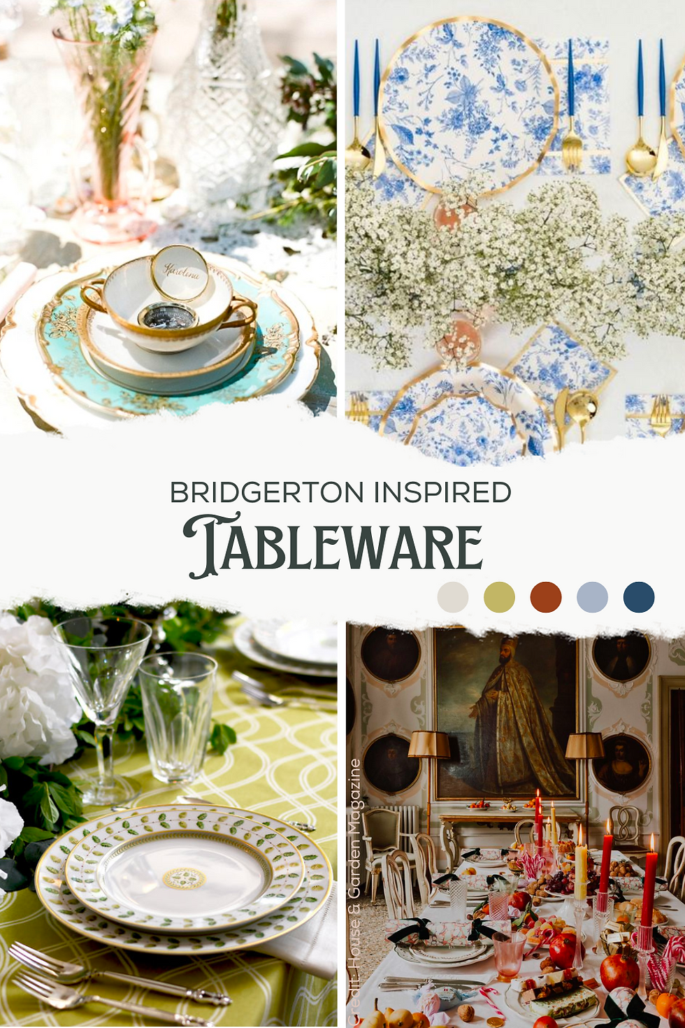 fine china featuring intricate patterns; elegant silverware and crystal glassware; gold accents