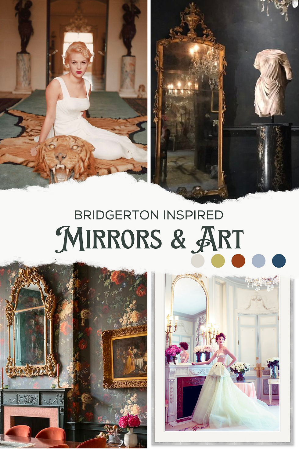 gilded mirrors and artwork; Large, ornate mirrors; classical themes, portraits, landscapes.
