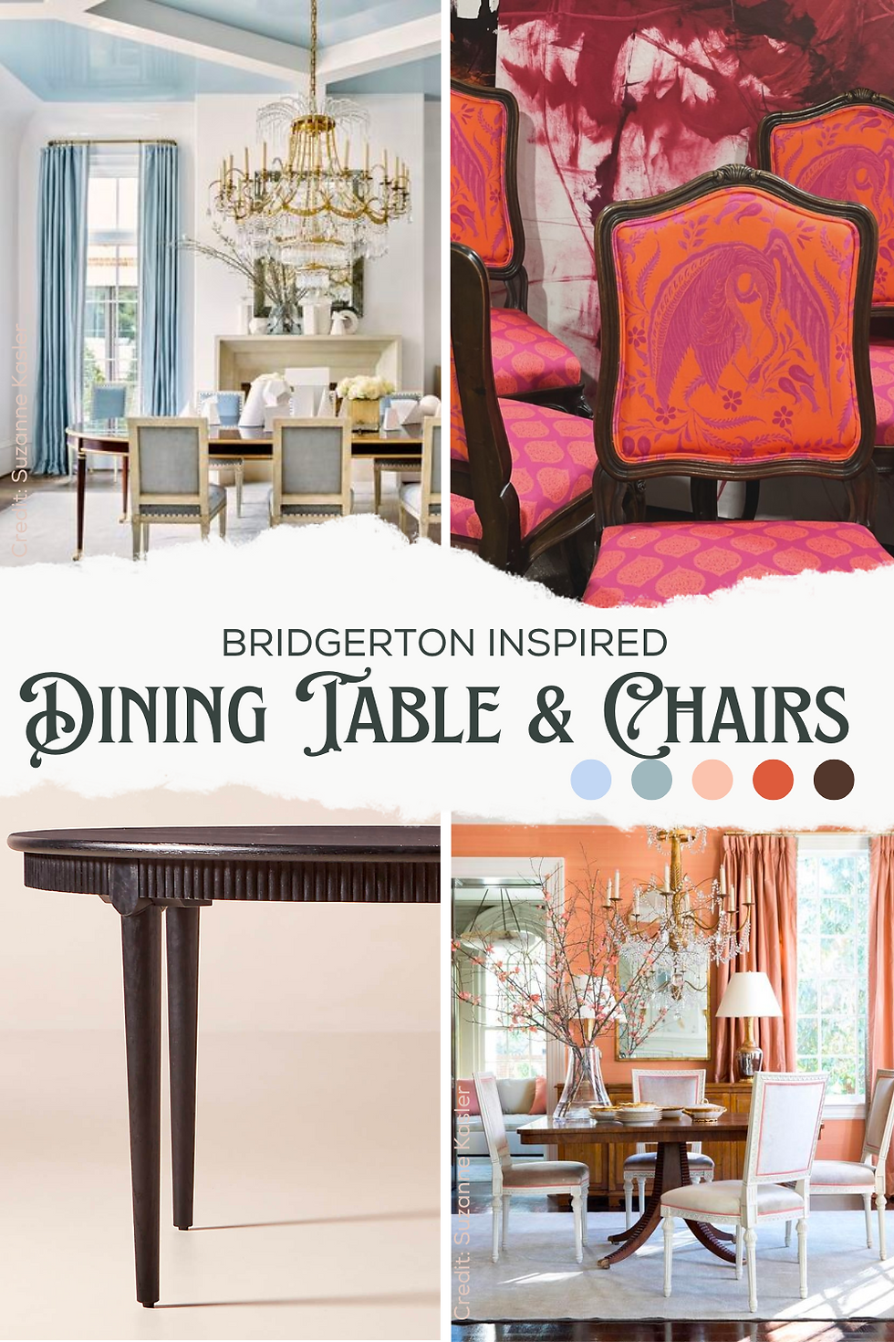Dining chairs and tables; craftsmanship, curved legs, and rich wood finishes.