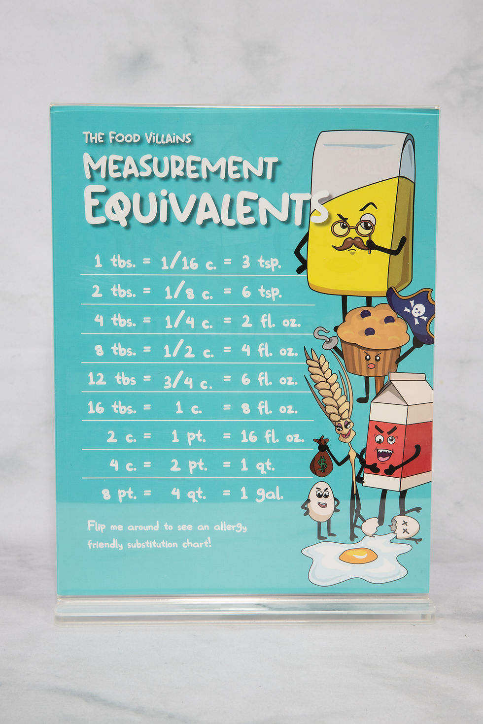 Measurement equivalents chart with food characters and visible text.