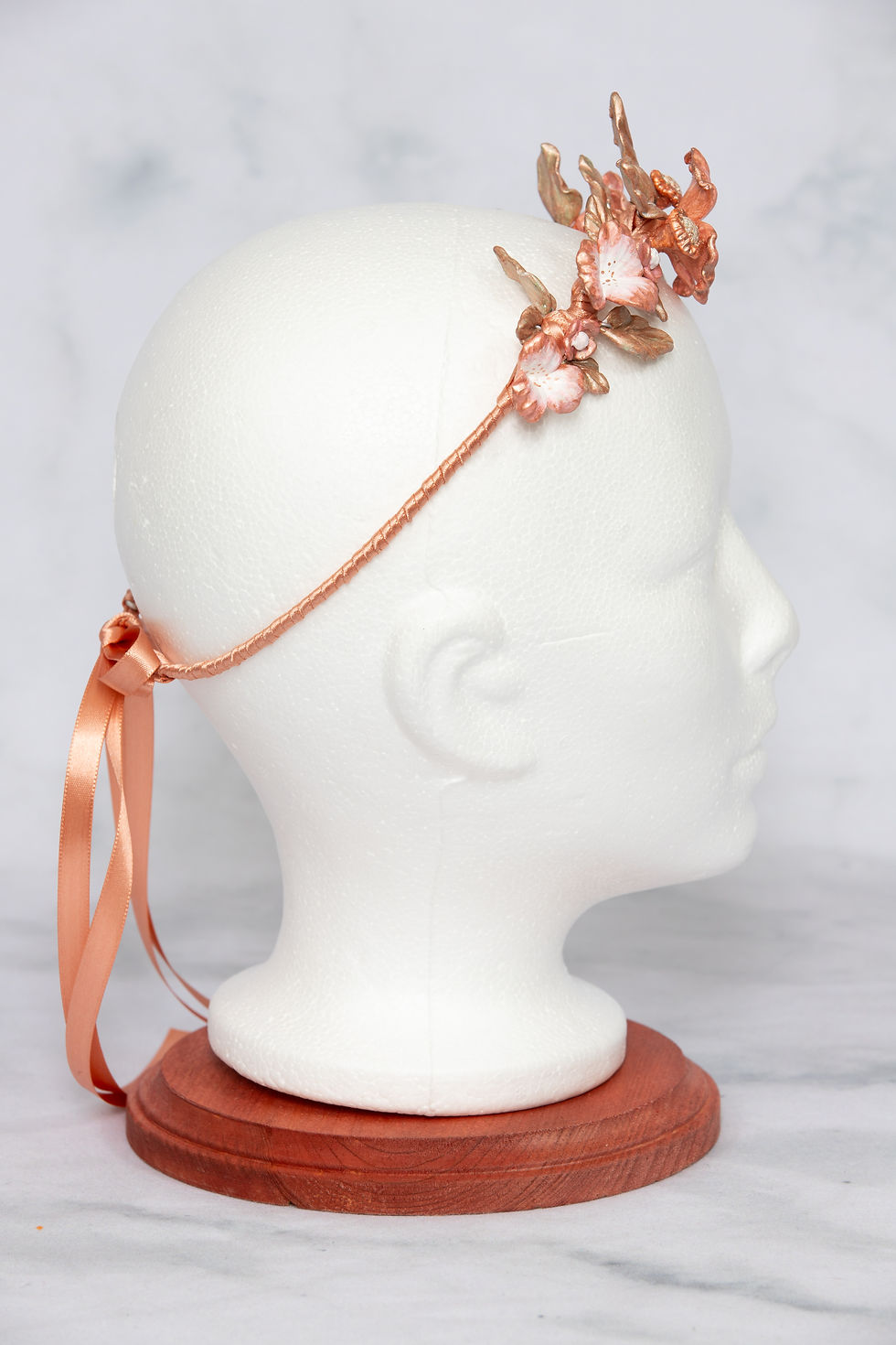 Thumbnail: Crown of rose gold and white flowers and metallic leaves profile