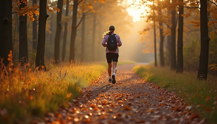 Eye-level view of a person jogging on a forest trail during autumn