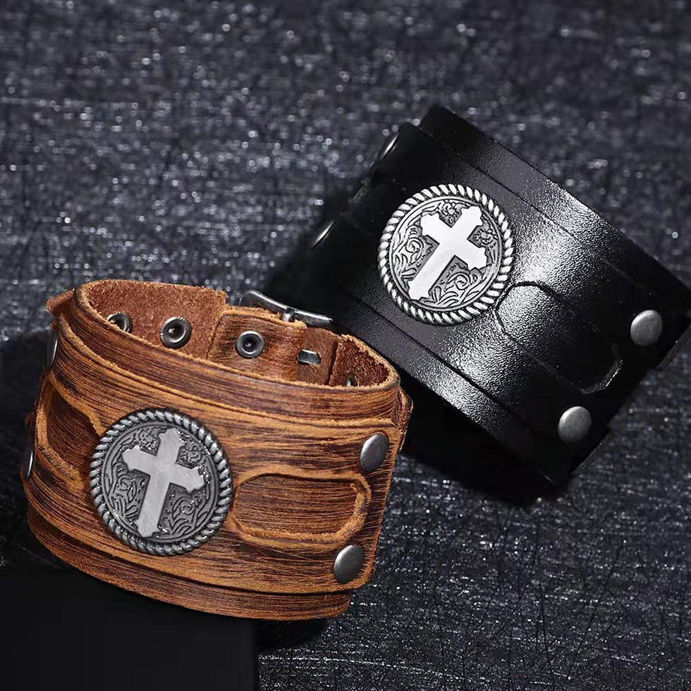Thumbnail: NIGHTCRUZ Wide Leather Bracelet with Cross, Medieval Leather Cuff Wristband f...