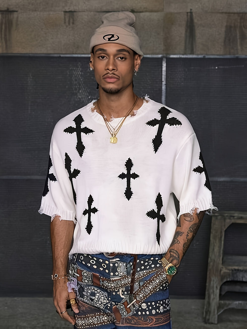 Thumbnail: Men's Casual Knit Top/Two-tone Jacquard Round-neck Short-sleeve/Street Sport Sho