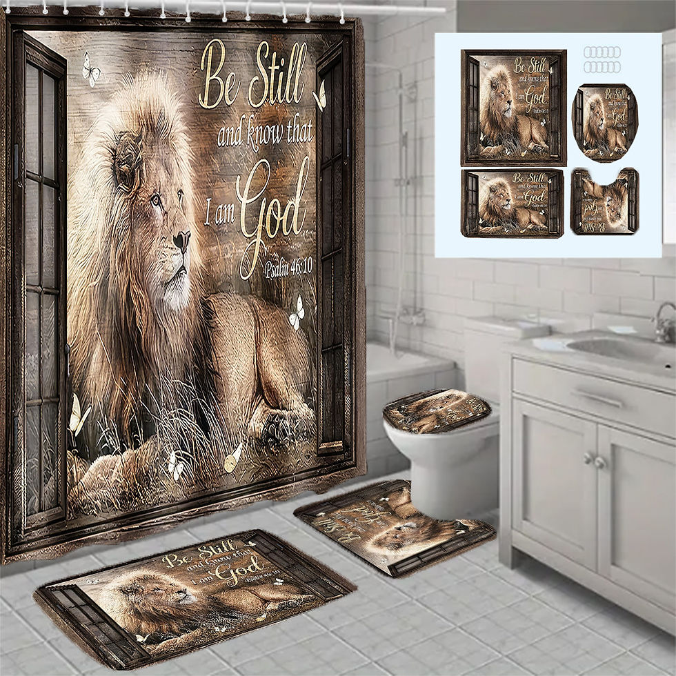 Thumbnail: 4pcs Be Still and Know That I Am God Lion's Peaceful Gaze Printed Shower Curtain