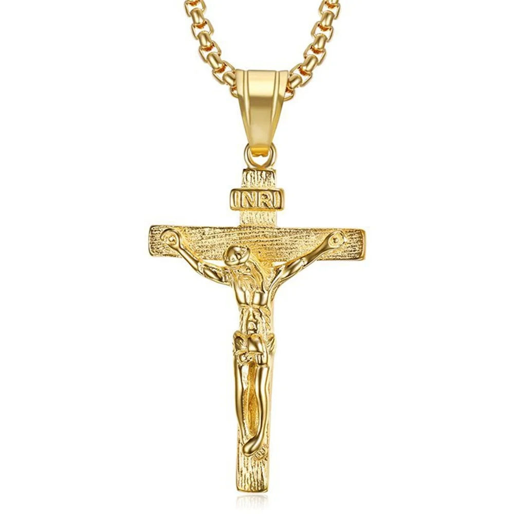 Religious Jesus Christ Cross Pendant Necklace for Women/Men Gold Color Stainless