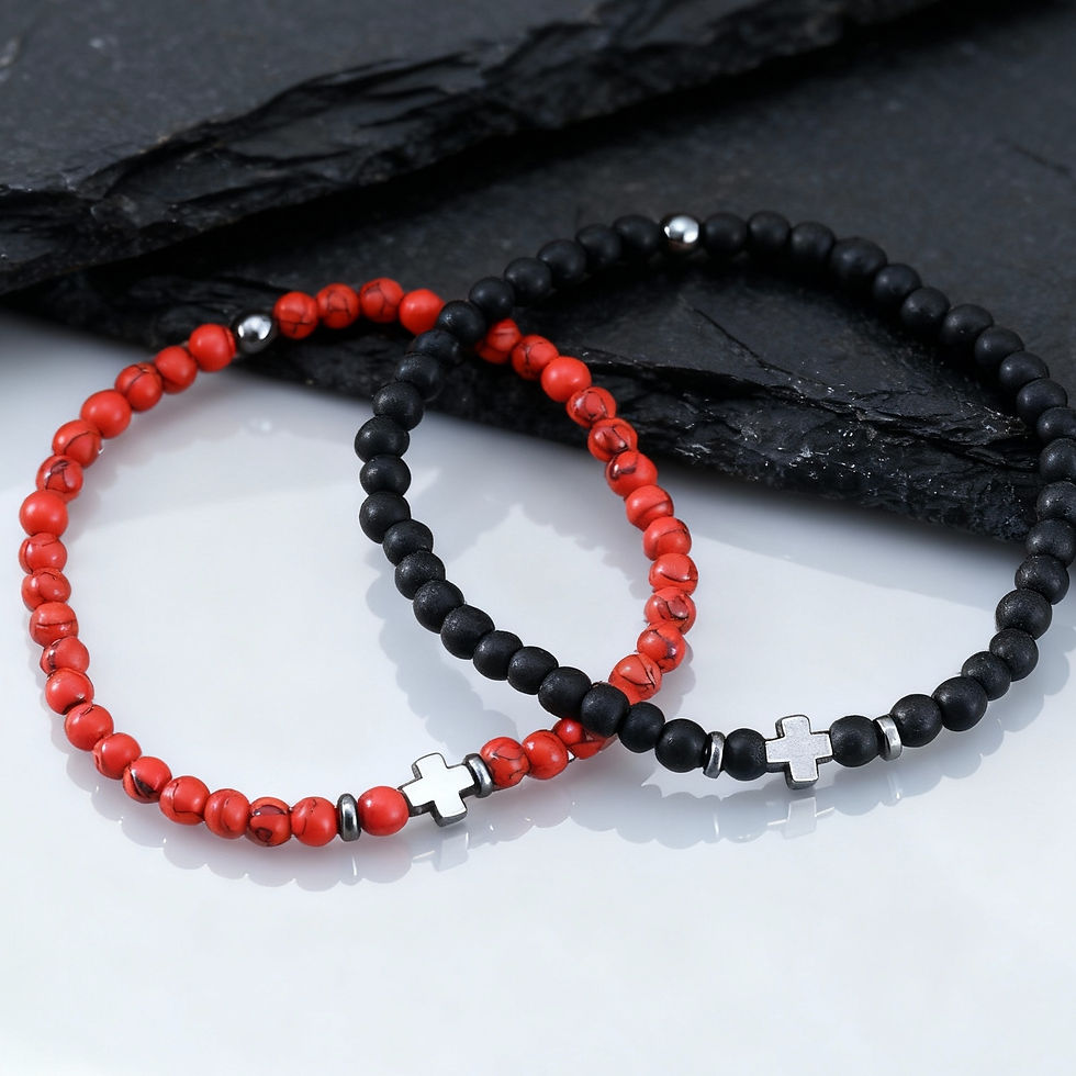 Thumbnail: Gallstone Cross Beaded Bracelet for Men Boys,4mm Red Pine Stone Black Onyx Elast